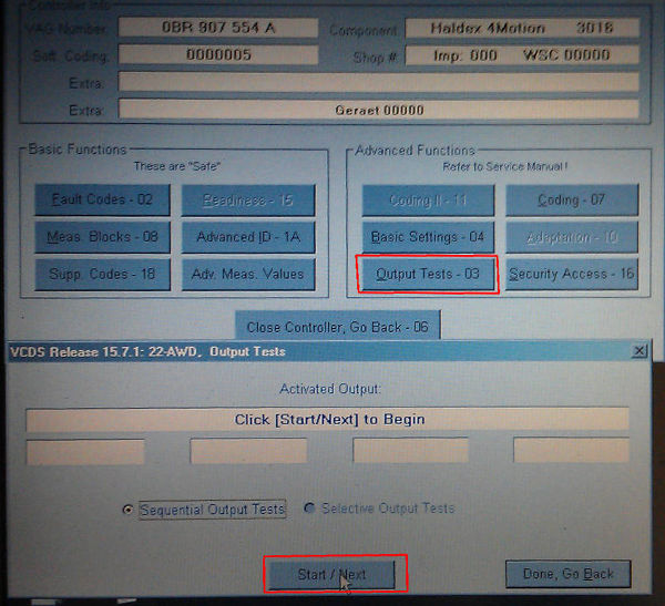 Screenshot of VAGCOM/ VCDS screen showing which button to select to activate the Haldex clutch pump to release the filter
