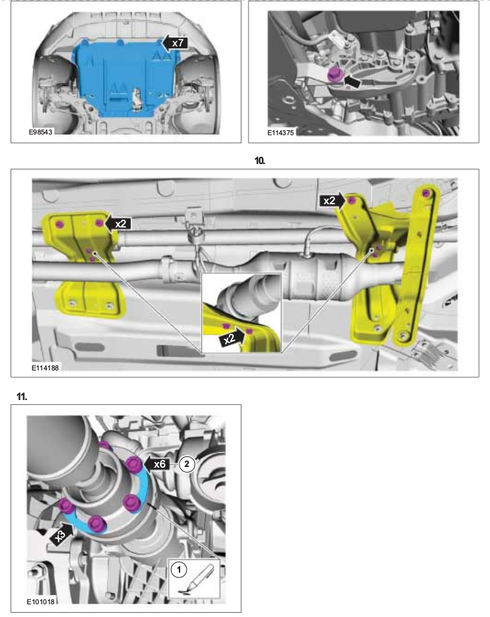 Illustrations showing removal of under tray, exhaust shield and propshaft for Ford Kuga when changing Haldex pump and filter